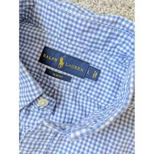 Polo Ralph Lauren Oxford Gingham Shirt Mens L Slim Fit Light Blue Office Casual